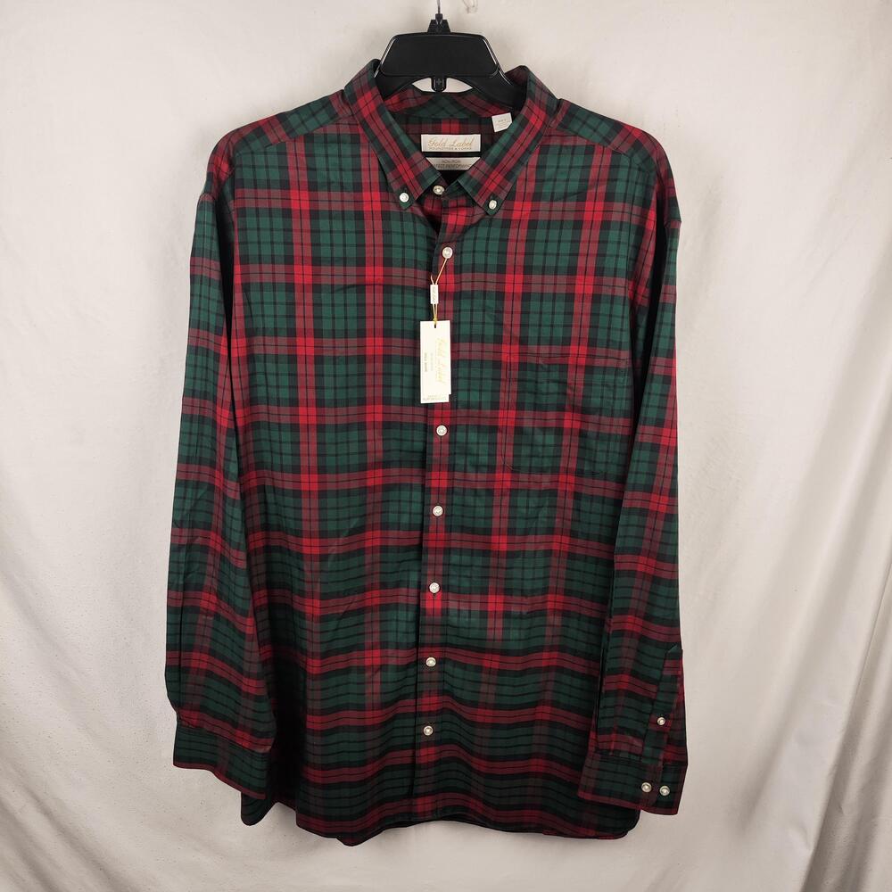 Roundtree & Yorke Shirt Mens 2XLT Green Plaid Long Sleeve Button Down Non Iron